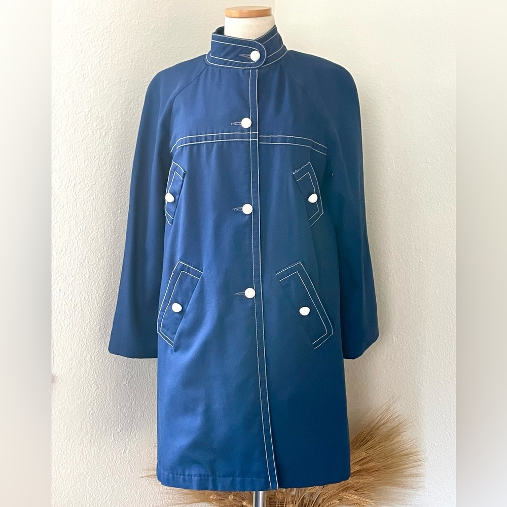 Vintage Blue and White Mod Preppy Canvas Trench Raincoat Mini Trench